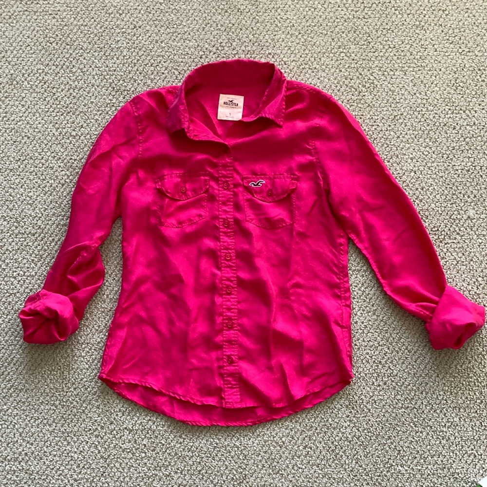 Hollister 100% Silk Button Down Shirt Hot Pink Business Casual Size Small EUC